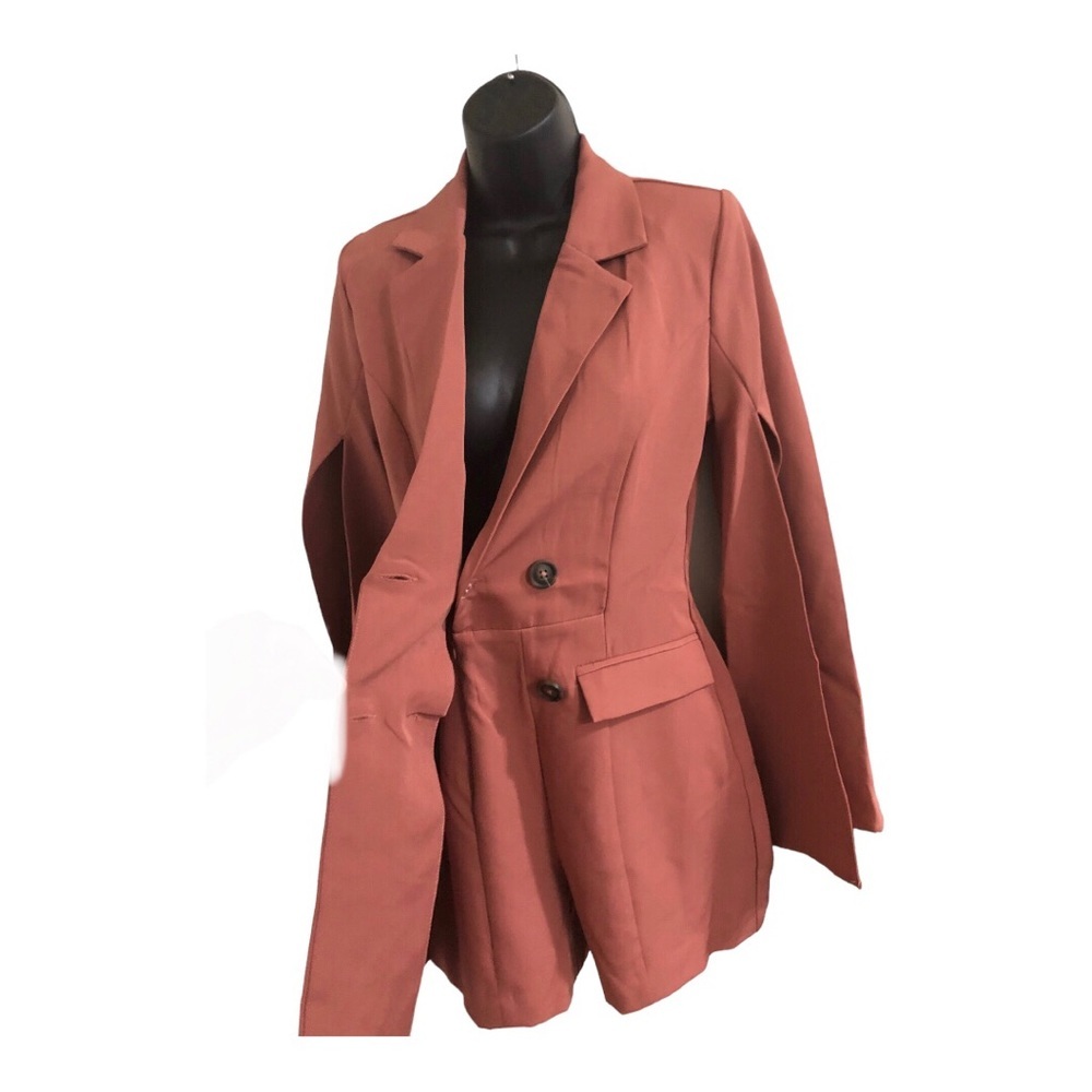 Sincerely Jules brown double breasted wrap front flare cape sleeves romper sz S